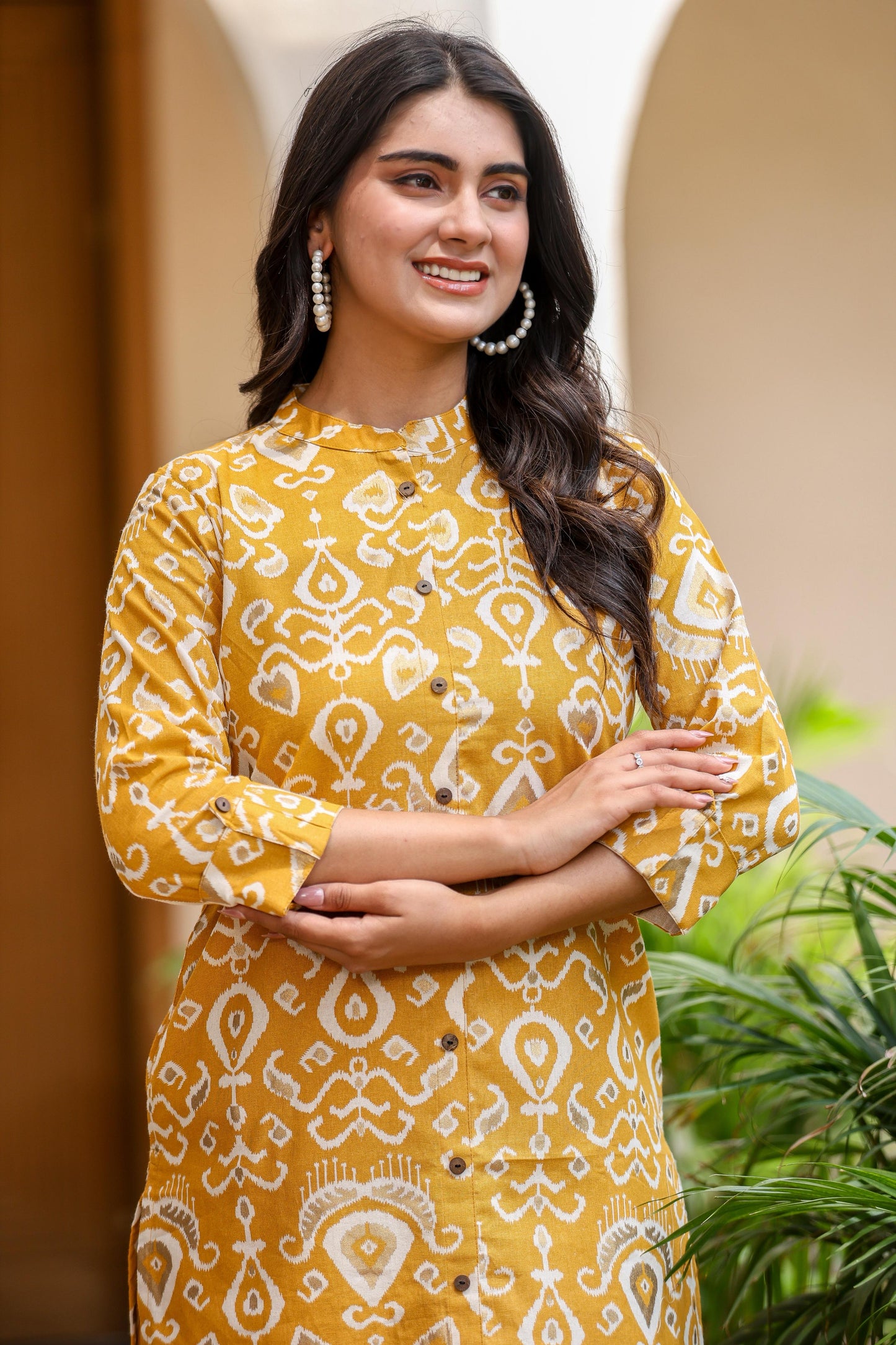 Yellow Printed Coord Set for Women | Mustard Yellow Kurta & Pants