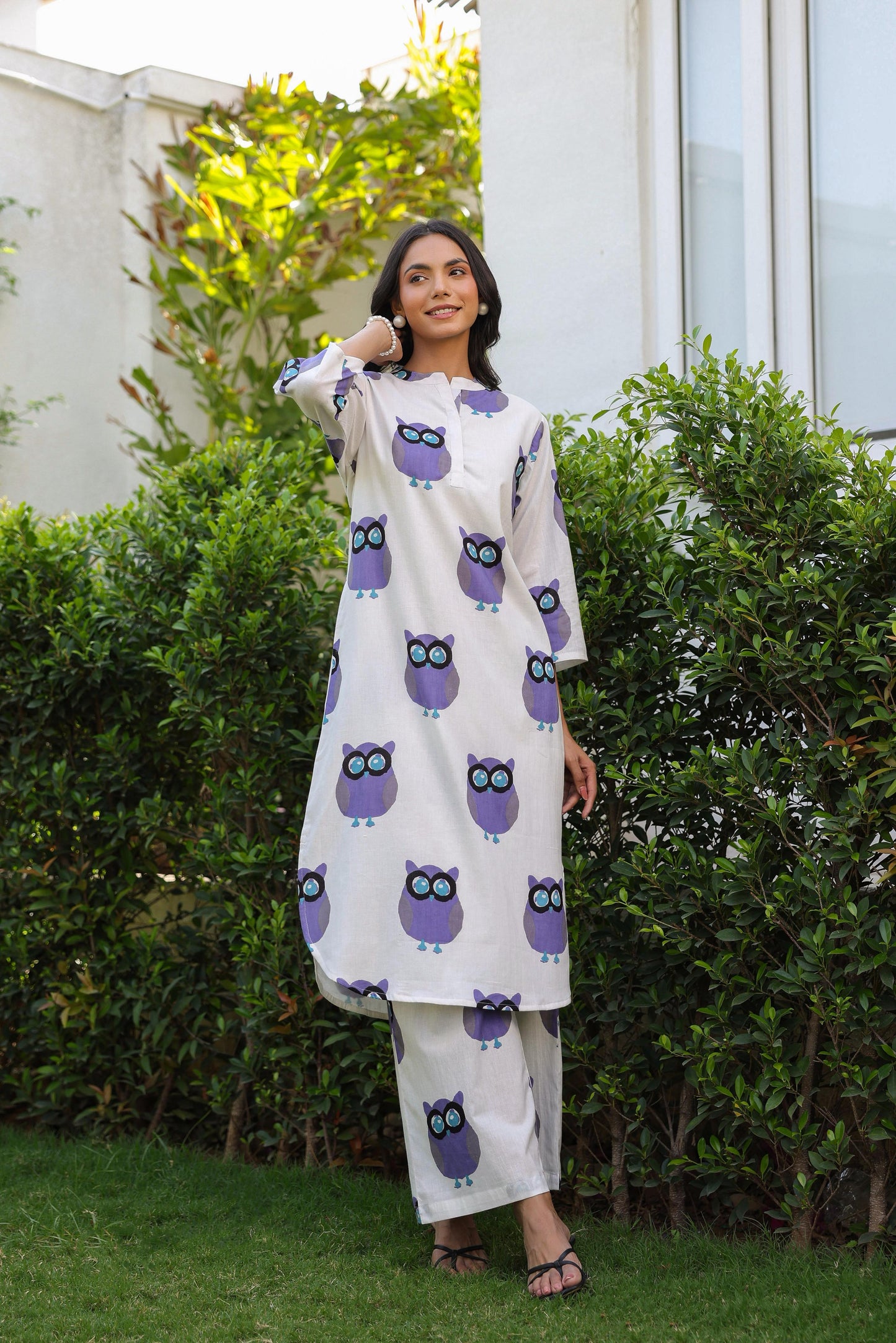 White & Purple Owl Printed Full Sleeves Kurta with Pants Set