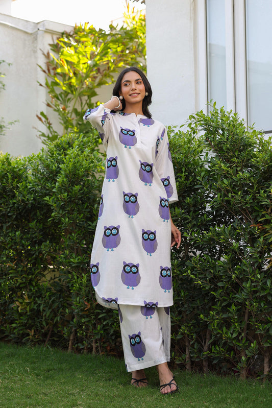 White & Purple Owl Printed Full Sleeves Kurta with Pants Set