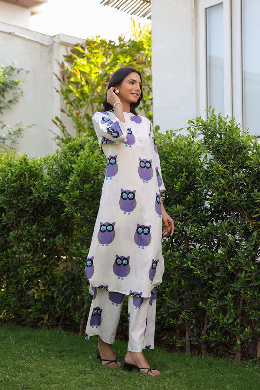 White & Purple Owl Printed Full Sleeves Kurta with Pants Set