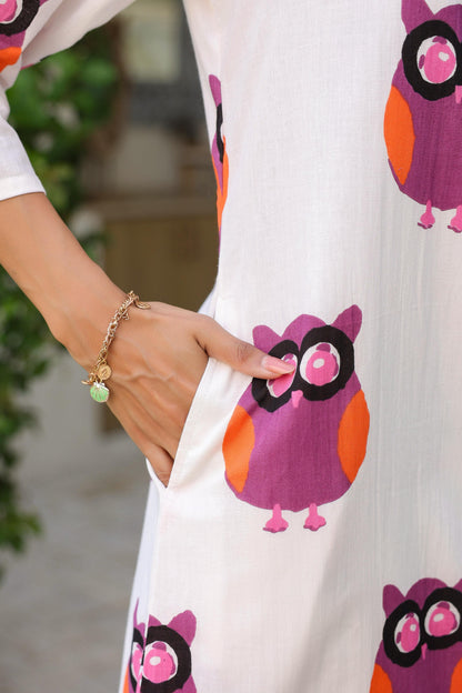 Pink and White Owl Print Cotton Kurta Set