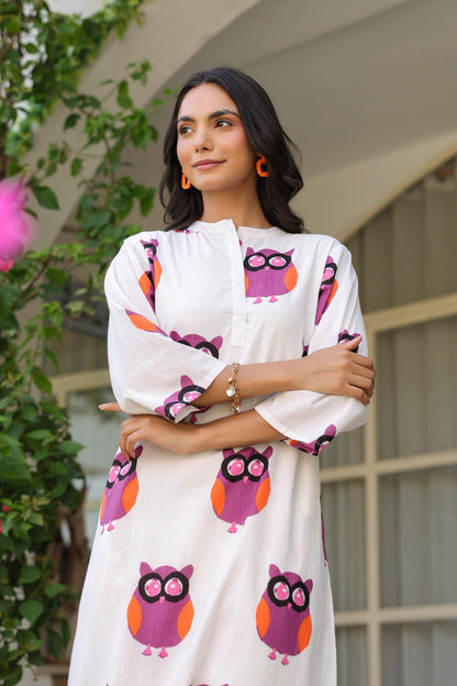 Pink and White Owl Print Cotton Kurta Set