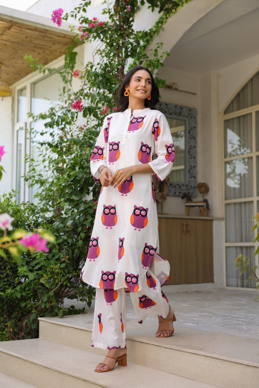 Pink and White Owl Print Cotton Kurta Set