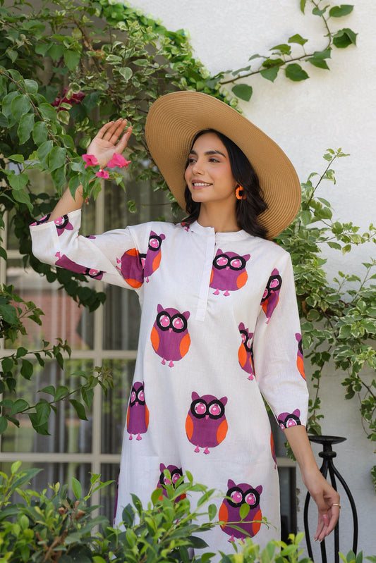 Pink and White Owl Print Cotton Kurta Set