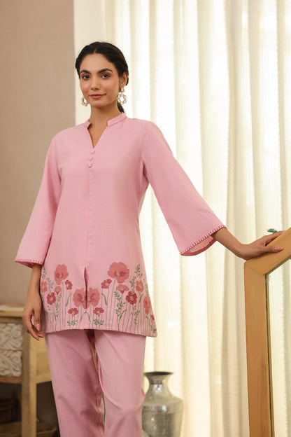 Pink Floral Embroidered Tunic & Pant Co-ord Set