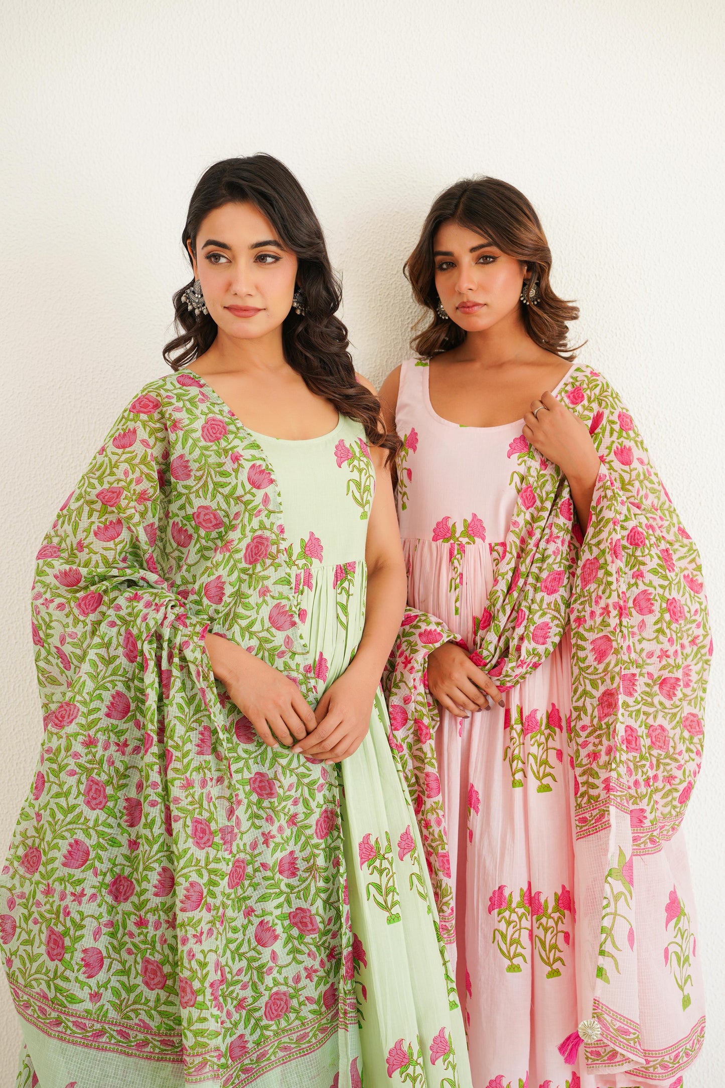Pink Handblock Anarkali Set