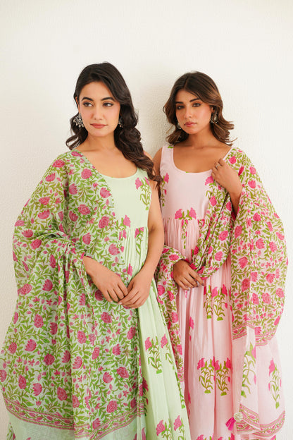 Pink Handblock Anarkali Set
