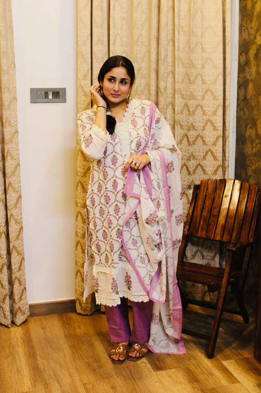 Ivory & Lavender Handblock Print Cotton Suit Set with Dupatta | Traditional Ethnic Wear for Women