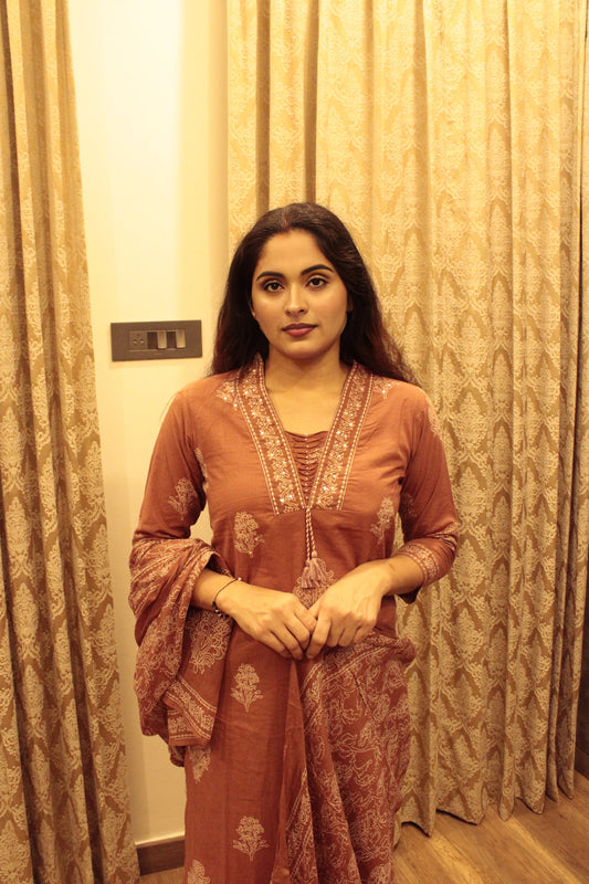 Rust Brown Mughal Motif Cotton Suit Set with Dupatta | Handblock Print Ethnic Wear for Women