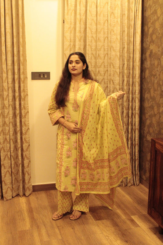 Light Green  Floral Embroidered Cotton Suit Set with Dupatta | Elegant Summer Ethnic Wear for Women