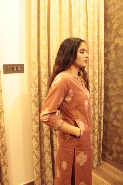 Rust Brown Mughal Motif Cotton Suit Set with Dupatta | Handblock Print Ethnic Wear for Women
