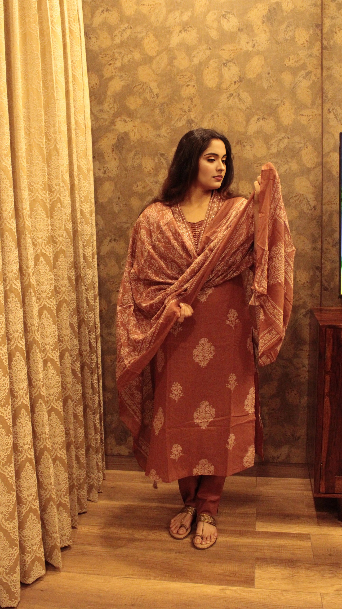 Rust Brown Mughal Motif Cotton Suit Set with Dupatta | Handblock Print Ethnic Wear for Women