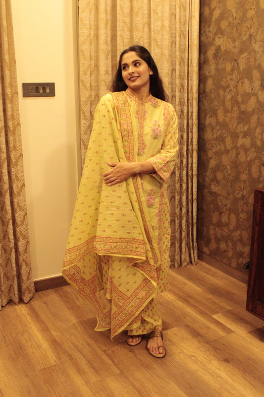 Light Green  Floral Embroidered Cotton Suit Set with Dupatta | Elegant Summer Ethnic Wear for Women