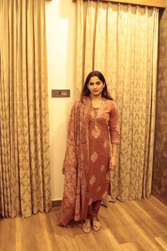 Rust Brown Mughal Motif Cotton Suit Set with Dupatta | Handblock Print Ethnic Wear for Women
