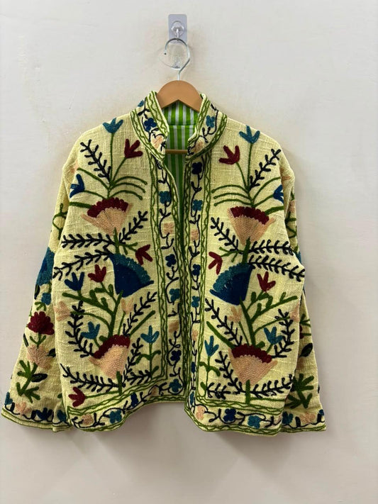 Handcrafted Suzani Embroidered Cotton Jacket – Floral Artisan Open Front Jacket