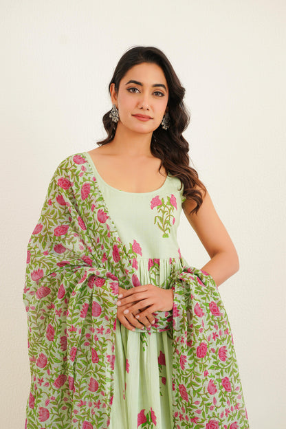 Mint Green Handblock Anarkali Set
