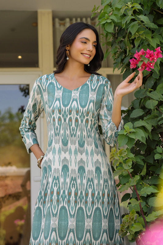 Teal Ikat Print Kurta for Women | Abstract Print Cotton Kurta