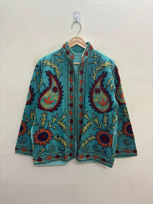Handcrafted Suzani Embroidered Cotton Jacket – Floral Artisan Open Front Jacket