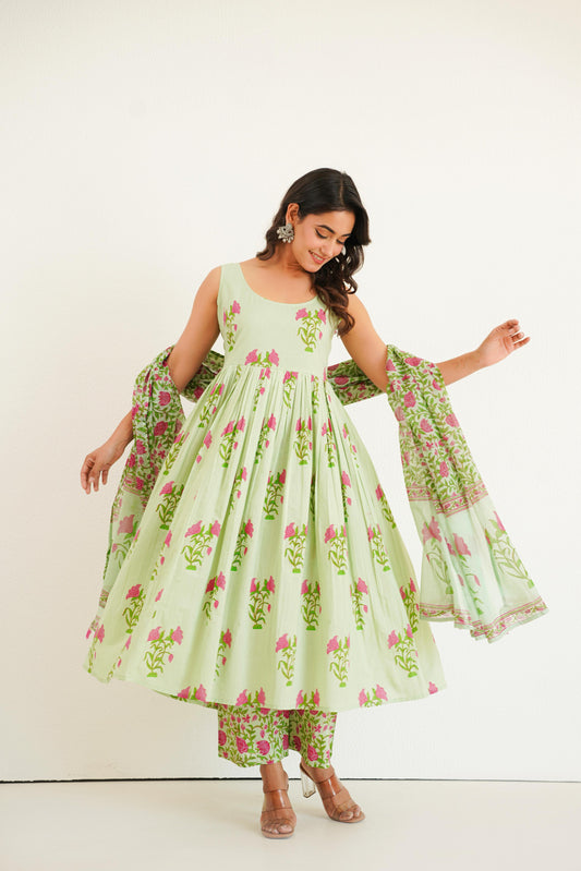 Mint Green Handblock Anarkali Set