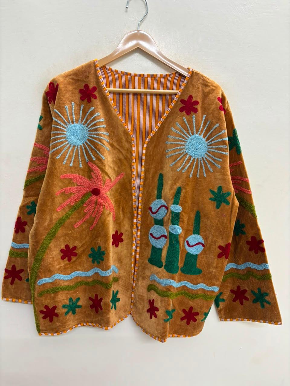 Handcrafted Suzani Embroidered Cotton Jacket – Floral Artisan Open Front Jacket