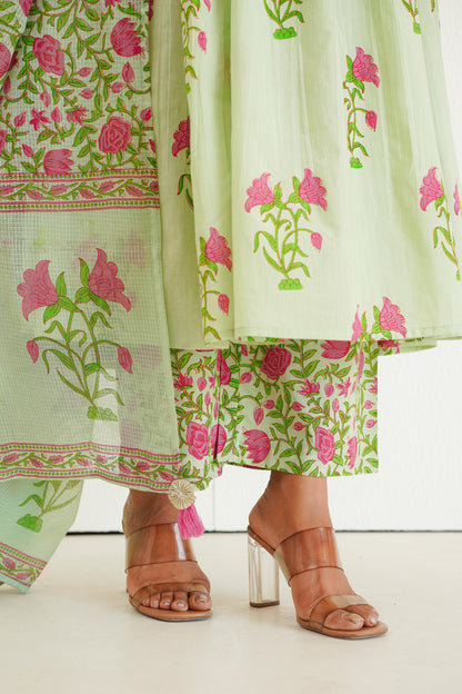Mint Green Handblock Anarkali Set