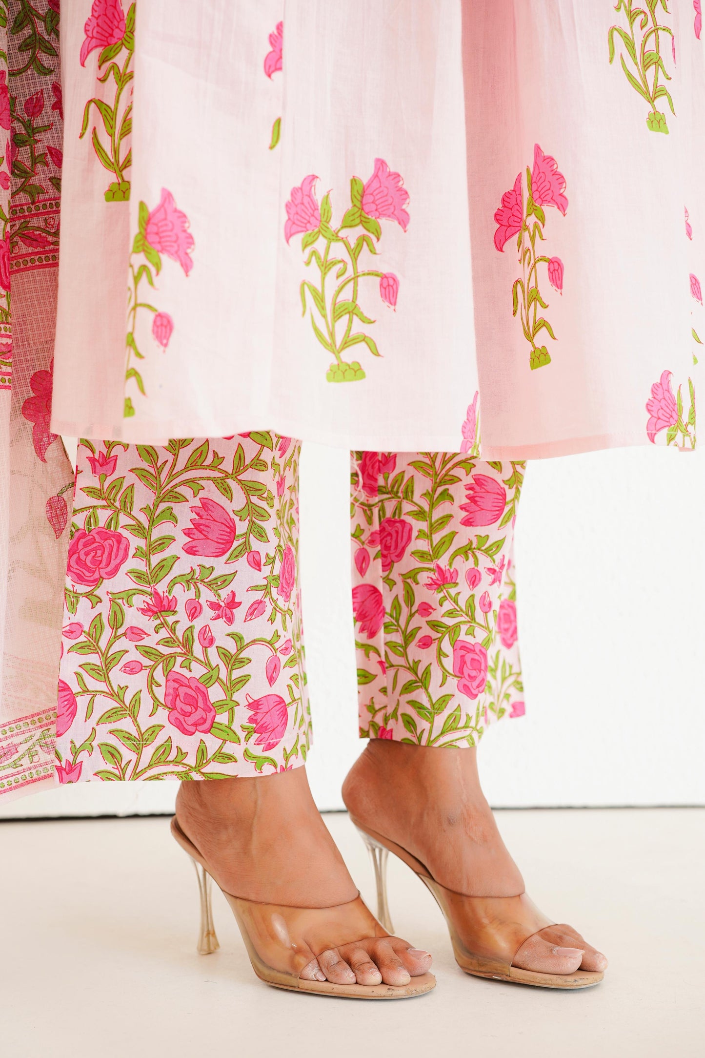 Pink Handblock Anarkali Set