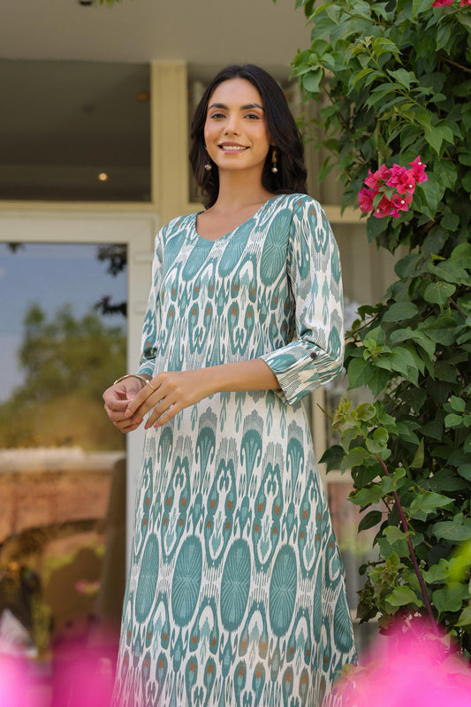 Teal Ikat Print Kurta for Women | Abstract Print Cotton Kurta