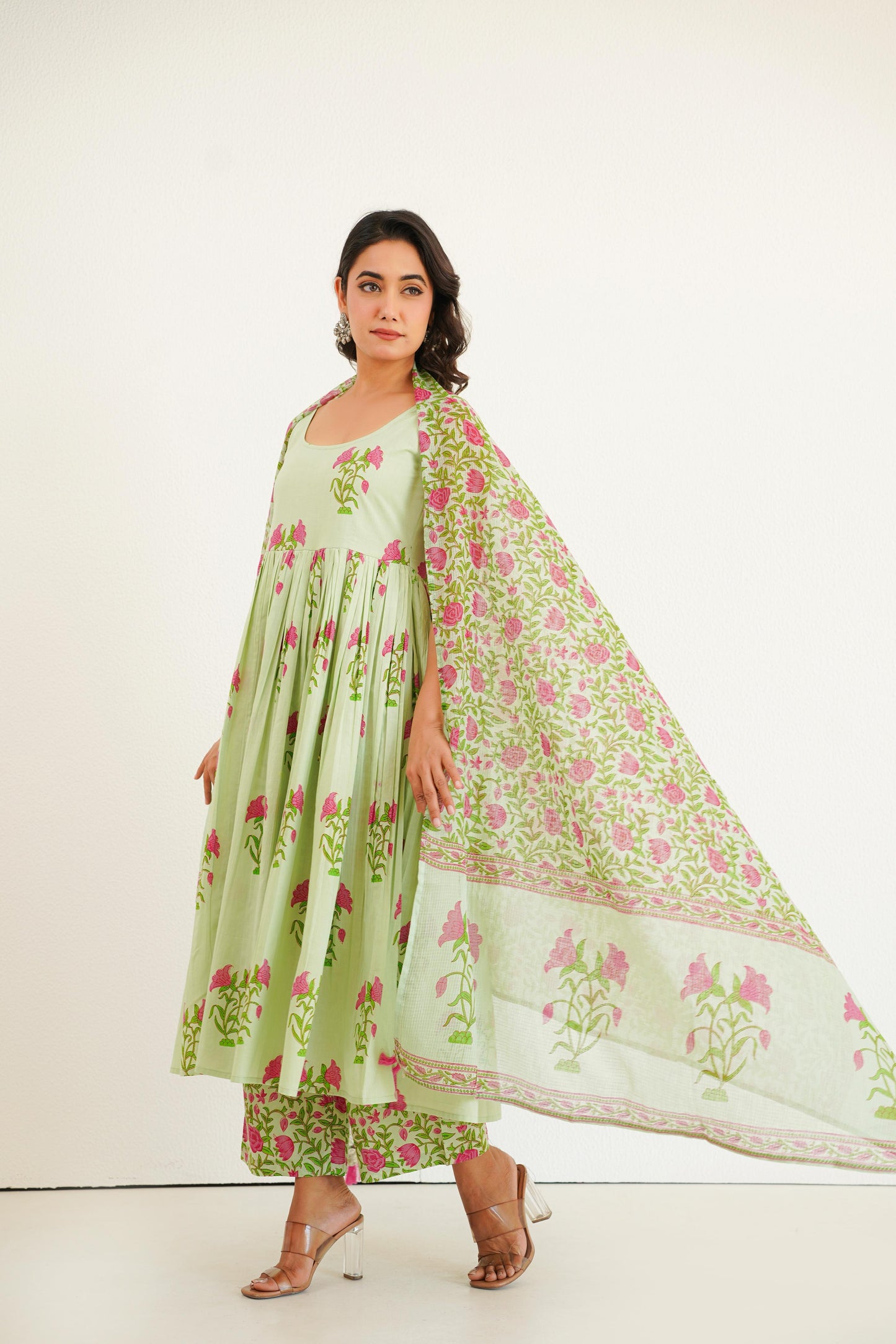 Mint Green Handblock Anarkali Set