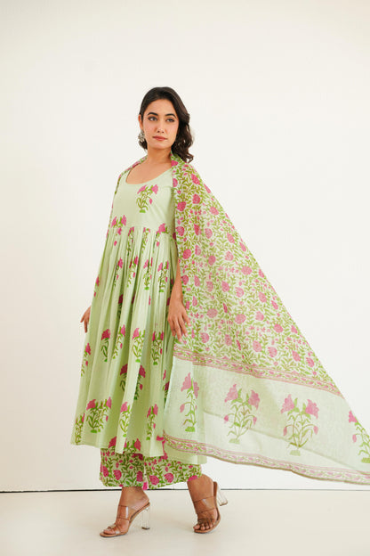 Mint Green Handblock Anarkali Set