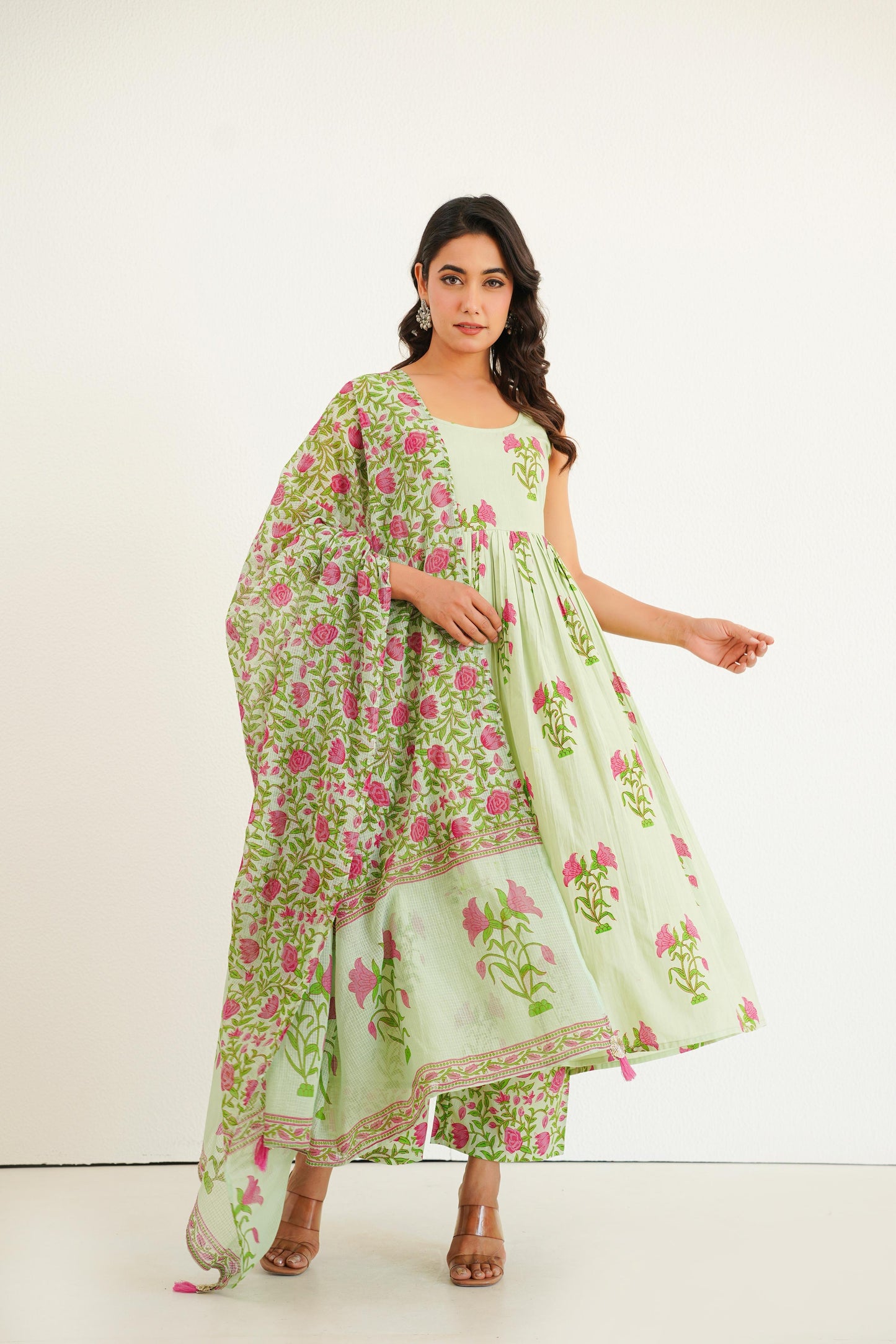 Mint Green Handblock Anarkali Set