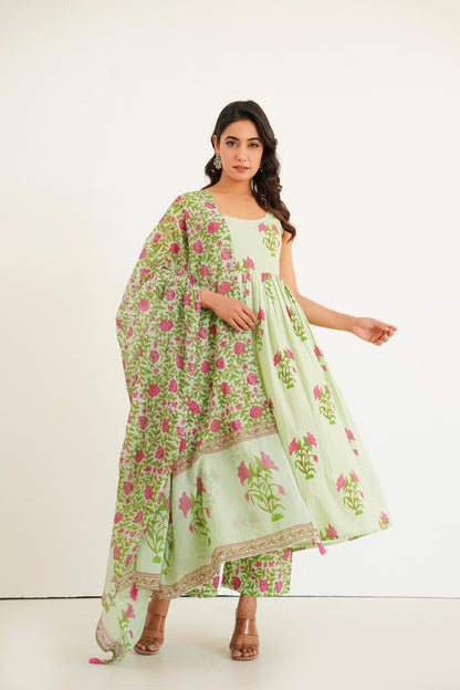 Mint Green Handblock Anarkali Set