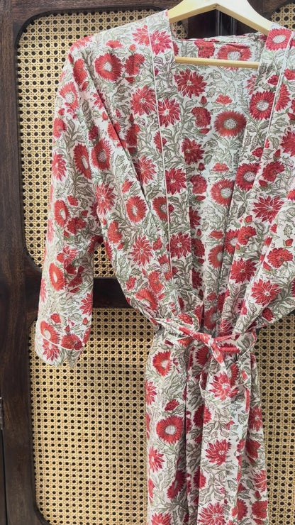 Women’s Red Floral Printed Long Kimono Robe – Indian Cotton Boho Open Front Cover Up