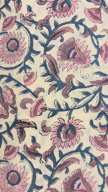 100% Cotton Hand Block Printed Fabric | Floral Buta with Matching Border Print | Soft Cambric Fabric | Indian Handmade Textile by Jaipur Manufacturer