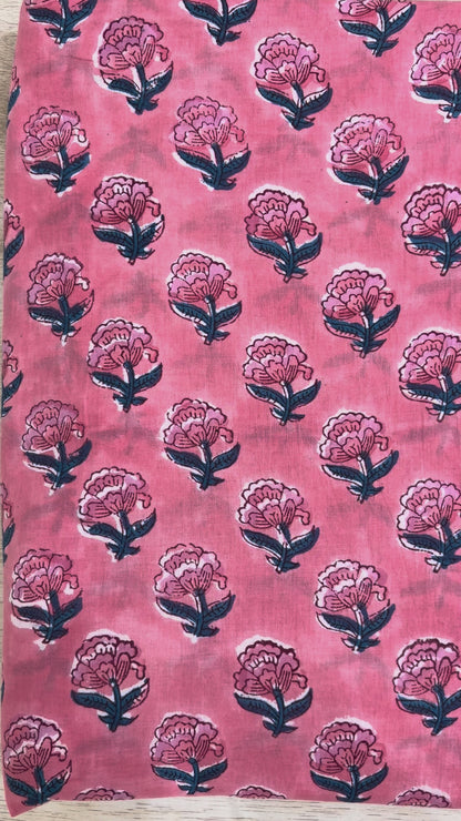 100% Cotton Hand Block Print Fabric | Pink Floral Buta Cotton Fabric | Jaipur Handmade Printed Fabric for Dresses, Quilts & Home Textiles