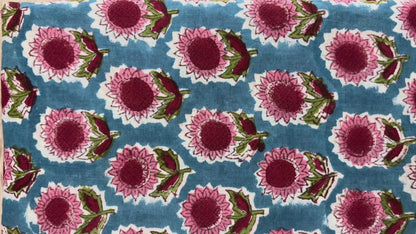 100% Cotton Hand Block Print Fabric | Pink Sunflower Floral Cotton Fabric | Jaipur Printed Cotton Fabric for Dresses, Quilts & Home Furnishing