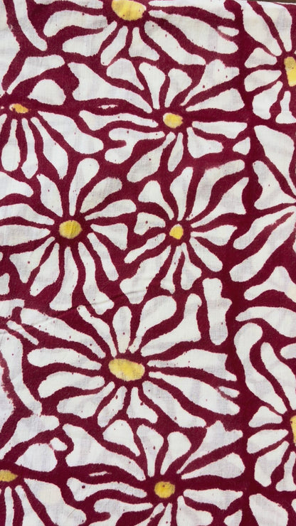 100% Cotton Hand Block Print Fabric | Floral Daisy Print Cotton Fabric | Soft Cambric Fabric for Apparel & Home Textile