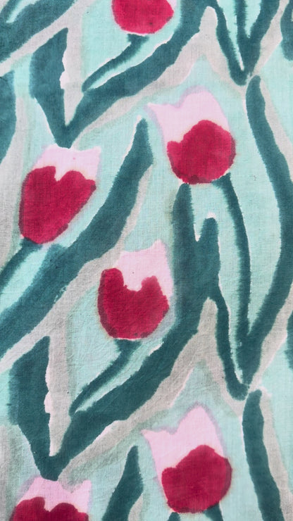 100% Cotton Hand Block Print Tulip Floral Fabric | Jaipur Handmade Cotton Dress Material | Sustainable Apparel & Home Textile Fabric