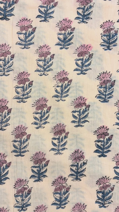 100% Cotton Hand Block Printed Fabric | Floral Buta with Matching Border Print | Soft Cambric Fabric | Indian Handmade Textile by Jaipur Manufacturer