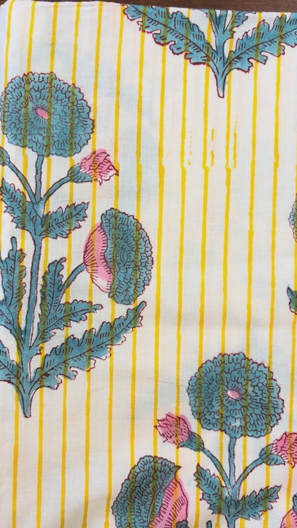 100% Cotton Hand Block Print Fabric | Floral Stripe Cotton Fabric | Jaipur Printed Dress Material | Sustainable Apparel Fabric
