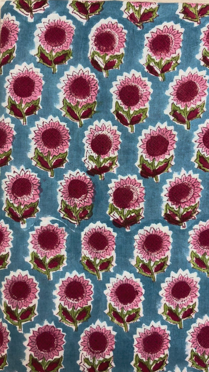100% Cotton Hand Block Print Fabric | Pink Sunflower Floral Cotton Fabric | Jaipur Printed Cotton Fabric for Dresses, Quilts & Home Furnishing