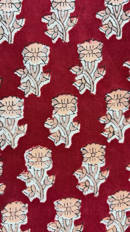 100% Cotton Hand Block Print Fabric | Red Floral Buti Cotton Fabric | Jaipur Printed Cotton Fabric for Dresses, Kurtis, Quilting & Home Décor | Wholesale Manufacturer
