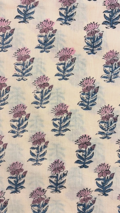 100% Cotton Hand Block Printed Fabric | Floral Buta with Matching Border Print | Soft Cambric Fabric | Indian Handmade Textile by Jaipur Manufacturer