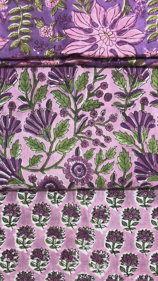 100% Cotton Hand Block Print Paisley 100% Cotton Hand Block Print Floral Fabric | Lavender Botanical Cotton Fabric | Coordinated Print Collection | Jaipur Manufacturer
