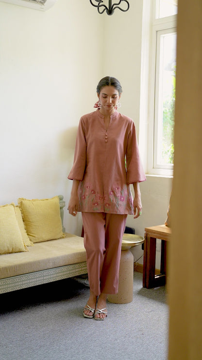 Dusty Rose Pink Floral Embroidered Cotton Co-ord Set | Elegant Everyday Ethnic Wear for Women