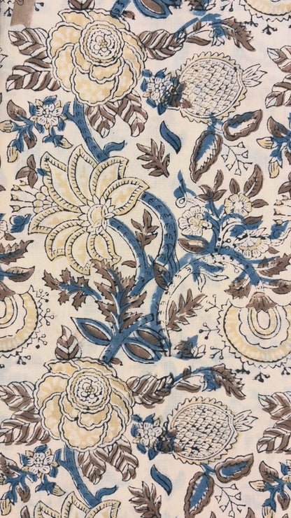 100% Cotton Hand Block Print Fabric | Blue Beige Floral Indian Cotton Fabric by the Yard | Soft Natural Fabric for Dresses, Quilts, Home Decor & Craft