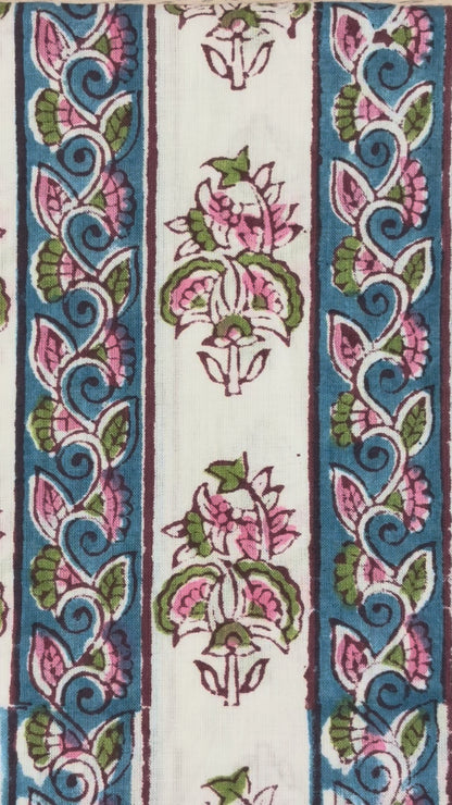100% Cotton Hand Block Print Fabric | Floral Stripe Jaipur Print Cotton Fabric | Indian Handmade Fabric for Dresses, Quilts & Home Decor