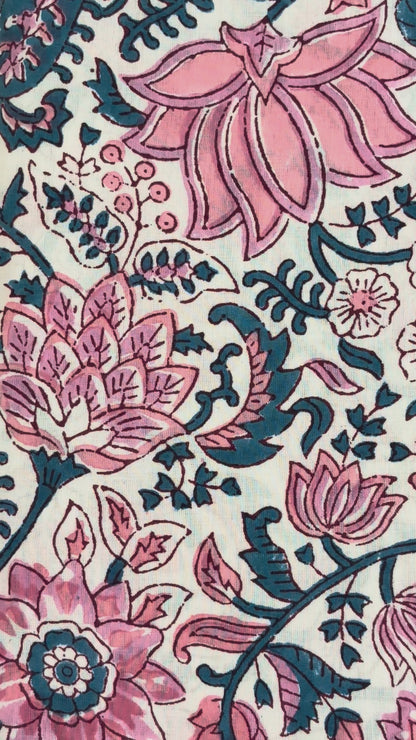 100% Cotton Hand Block Print Fabric | Pink & Blue Floral Cotton Fabric | Jaipur Printed Cotton Textile for Garments, Home Furnishing & Crafts