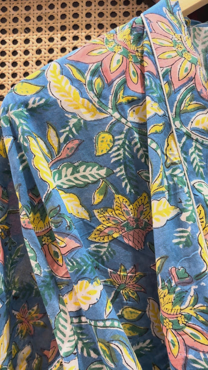 Indigo Bloom Cotton Block Print Open Front Kaftan | Jaipur Floral Print Long Kimono Robe | Women’s Resort & Beachwear