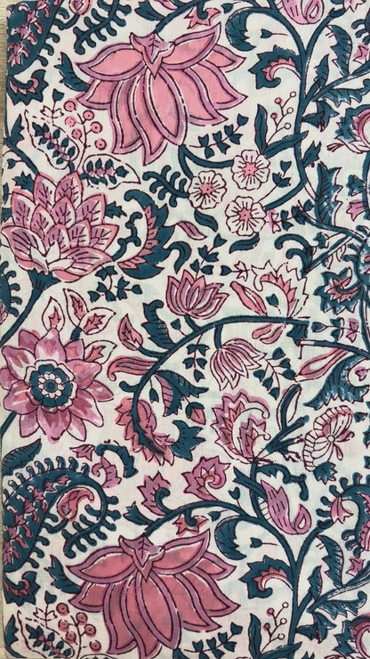 100% Cotton Hand Block Print Fabric | Pink & Blue Floral Cotton Fabric | Jaipur Printed Cotton Textile for Garments, Home Furnishing & Crafts