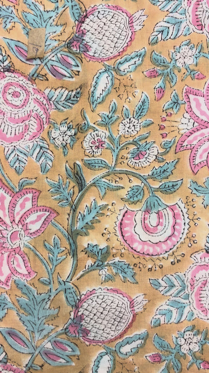 100% Cotton Hand Block Print Fabric 100% Cotton Hand Block Print Floral Vi100% Cotton Hand Block Print Floral Fabric | Pastel Botanical Cotton Fabric | Jaipur Printed Dress Material Manufacturer